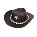 Mini black plastic cowboy doll hat with silver rhinestone chain and pink star detail - Black Cowboy Hat With White Rhinestone Chain