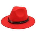 Detail of red wide brim felt hat featuring leather band and silver bull skull ornament - Orange Red