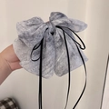 French chiffon bow hair claw clip with marble print and long black ribbons - Ponytail Claw Clip / Grey Chiffon Ribbon