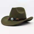 Detail of wool fedora hat featuring brown leather band with turquoise and wooden beads - Army Green