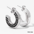 Retro C-shape earrings in silver finish featuring three rows of micro-paved black zircons - Silver with Black Stone (PDE1264)