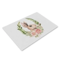 Linen placemat with watercolor bunny and pink flower wreath for Easter table decor - CD002-21 Watercolor Rabbit Wreath