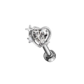 Close-up of heart-shaped zircon ear stud with silver frame and ball-back closure - Silver Hollow Heart Cross Star