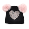 Kids black knit beanie with double pink pom poms and a sparkly glitter heart design - M(48cm-52cm) / Black