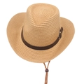 Chapeau de cowboy en paille pour hommes et enfants avec ruban cuir et cordelette vent - Taille Adulte / Kaki