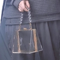 Trapezoid clear acrylic evening bag with gold frame and transparent beaded handle - Clear
