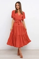 Detail of V-neck dress with ruffle sleeves and a waist-tie bow in brick red color - S / Top And Bottom / Orange Red