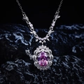Detailed macro view of the pink oval gemstone necklace with silver diamond-set frame - Pink Rhinestone Necklace (40+5cm)