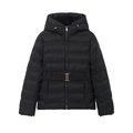 Women's black hooded short down jacket with a metallic gold buckled waist belt - XS / Black