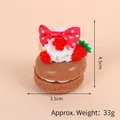Pink chocolate macaron keychain with cream, strawberry and bow details, 4.5cm tall - Gold Bead Chain / 037 Brown Macaron Red Bow