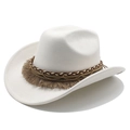 White felt western cowboy hat featuring bohemian braided band with gold chain and fringe - M (56-59cm) / Off White