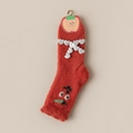 Plush red mink velvet sock with silver heart chain and cartoon face detail - One Size / Red