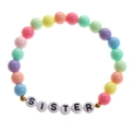 Detail of colorful pastel beaded bracelet featuring white beads spelling SISTER with gold accents - Round Bead - SISTER