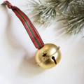Champagne gold Christmas bell with star cutouts and red plaid ribbon for tree hanging - 4cm Bronze Bell Red Green Plaid Strap 3 Pieces
