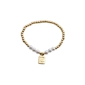 Gold beaded and white pearl stretch bracelet featuring a square pendant with letter Z - Letter Z