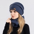 Ensemble hiver femme avec bonnet en maille bleu foncé et écharpe assortie chaude - Bleu Marine