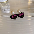 Detail view of heart earrings featuring Barbie logo with a white pearl and black enamel finish - Pink Letter Heart Style (69#)
