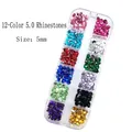 12-color 5mm flatback resin rhinestones set in a 12-grid organizer box for DIY nail art - 12 Colors 5.0mm Round Rhinestones