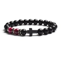 Detail of matte black and polished red beaded bracelet featuring a black cross charm - Pink Bead Style / 6mm