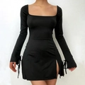 Elegant black long-sleeve mini dress with square neckline and side slit lace-up detail - S / Black