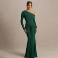 Elegante abito da sera a sirena verde monospalla con maniche lunghe e arricciature - S / Verde