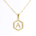 Golden hexagonal necklace featuring embossed letter A with beaded border on cable chain - With Chain / Gold - Letter A