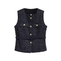 Dunkelblaue Tweed-Weste für Damen mit goldenen Knöpfen und Taillengürtel im eleganten Stil - Dunkelgrau