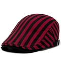 Red and black vertical striped cotton linen flat cap with silver buckle adjustment - Adjustable / Burgundy