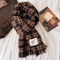 Classic dark brown and black checkered scarf with soft fringe and white rectangular label - Tic-Tac-Toe Coffee