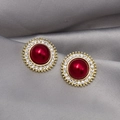 Luxury gold finish stud earring with central red pearl and sparkling zircon halo - Red Gold Sunflower Pearl