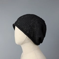 Side view of a black Japanese-style hollow-out knit slouchy beanie on a mannequin head - One Size (Max 62cm) / Black