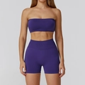 Seamless deep purple high-waisted yoga set including sports bra and compression shorts - S / Bra + Shorts / Navy Blue