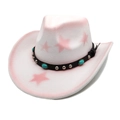 Pink western cowboy hat with star patterns and turquoise studded band on white background - White