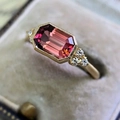 Vintage gold engagement ring with emerald cut red gemstone and small white diamonds - Size 5 / Pink Rectangular Vintage Ring (CY816)