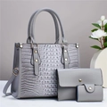 Grey crocodile embossed faux leather 3-piece bag set with tote, clutch and coin purse - Gray