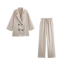 Tailleur pantalon femme abricot avec blazer croisé et pantalon à rayures verticales - S / Ensemble / Abricot