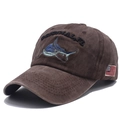 Washed coffee cotton baseball cap featuring shark and letter embroidery with US flag patch - Adjustable / Coffee