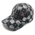 Detail of sequin checkerboard pattern and distressed frayed edges on a denim baseball cap - M(56-58cm) / Black
