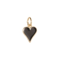 Macro view of gold-trimmed heart pendant charm with black enamel inlay and metal loop - Black Gold Heart