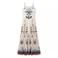 Boho-Maxikleid mit Spaghettiträgern und weißen geometrischen Blumenmustern - S / Brauner Rand Floral