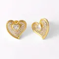 Golden heart-shaped stud earrings with sparkling zircon pave and central heart stone - Zirconia Pave Heart Studs
