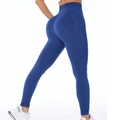 Deep blue high-waisted seamless leggings featuring back pocket and peach hip lift effect - S / Blue