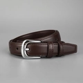 Detailed view of women's brown leather belt with shiny silver metal pin buckle and neat stitching. - Silver Buckle / Coffee