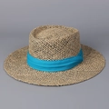 Close-up detail of woven straw sun hat texture with bright blue fabric decorative ribbon - M (56-58cm) / Blue