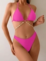 Hot pink shell chain bikini set with halter top and high cut bottoms for beach parties - S / Rose Red