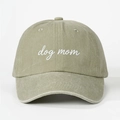 Detailed view of dog mom white embroidery on washed cotton baseball cap fabric - Adjustable / Light Khaki