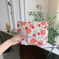 Close-up of floral cotton makeup bag with Sozakka label and delicate hand-drawn patterns - Pink Purple Small Flower