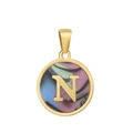 Pendentif rond classique plaqué or 18k avec lettre N et motifs émaillés colorés - N-Coquille Multicolore