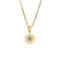 Golden stainless steel necklace with blue evil eye sun pendant and decorative flat links - Sun Ray Evil Eye Fish Scale Chain