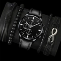 Men's chronograph watch with black leather strap and matching beaded bracelets set - Black Watch + 4-Piece Bracelet Set 657-8